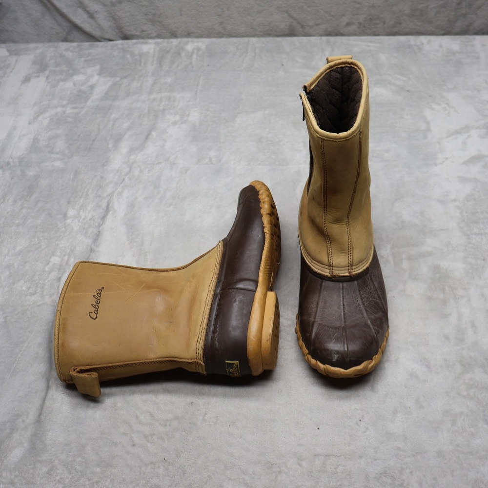 Cabelas Duck Boots Mens 9D Brown Leather Rubber Side Zip Winter Steel Shank